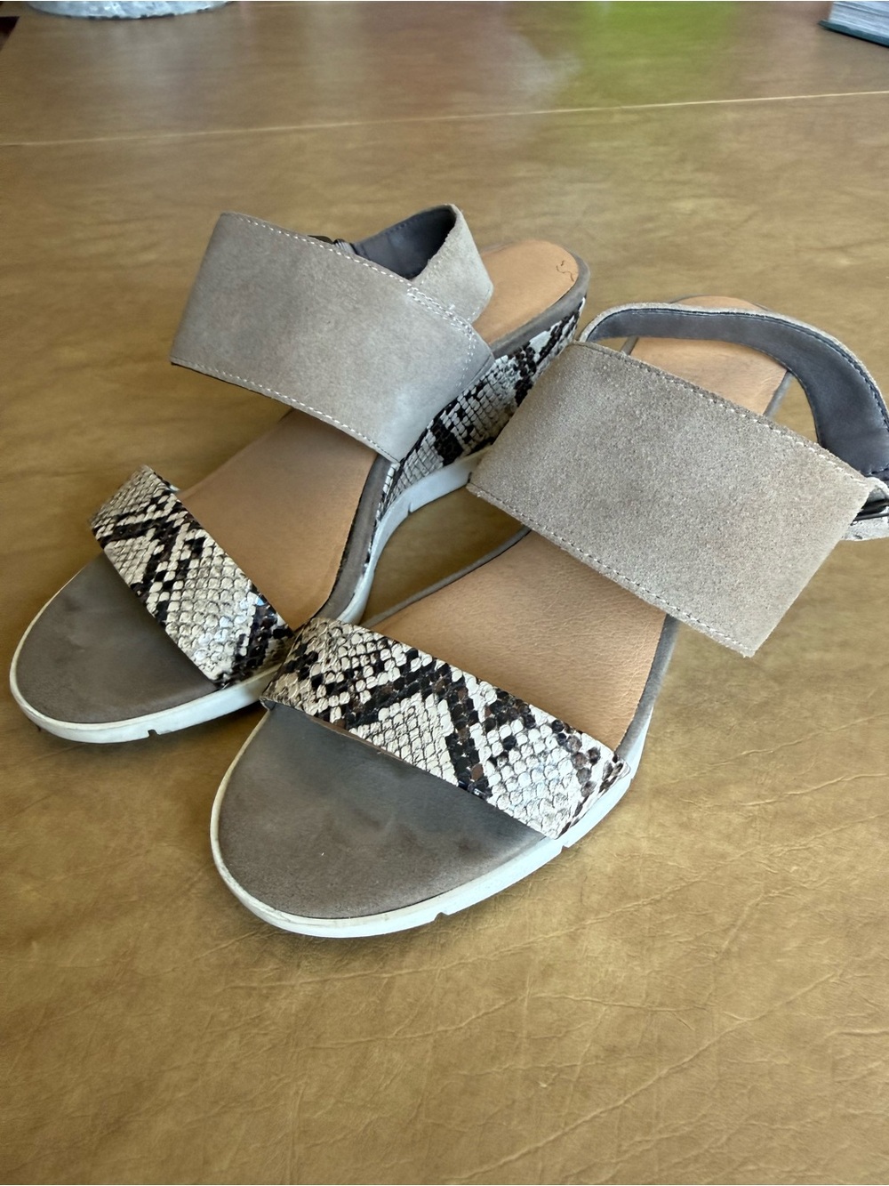 Crown Taupe Suede & Snake-Print Wedge Sandals
